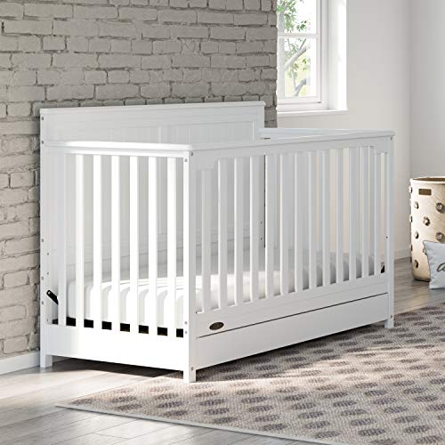 Graco Hadley 5-in-1 Convertible Crib with Drawer (White) – GREENGUARD Gold Certified, Crib with Drawer Combo, Full-Size Nursery Storage Drawer, Converts to Toddler Bed, Daybed and Full-Size Bed