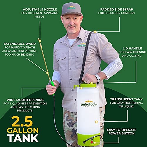 PetraTools 2.5 Gallon Battery Sprayer - Ultra Convenient Battery Powered Sprayer, Garden Sprayer & Weed Sprayer with Easy-to-Carry Strap, Electric Sprayer & Yard Sprayer With Long-Lasting Battery Life