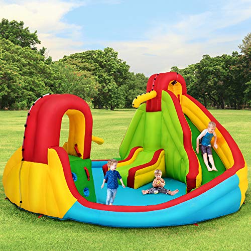 Costzon 7 in 1 Inflatable Water Slide, Backyard Giant Water Park with Double Water Slide, Splash Pool, Climbing Wall, Water Cannon, Outdoor Water Slide for Kids and Adults (Without Blower)