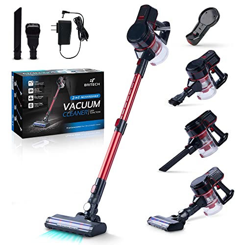 Britech Cordless Lightweight Stick Vacuum Cleaner, 250W Motor for Powerful Suction 30min Runtime, LED Display Screen & Headlights, Great for Carpet Cleaner, Hardwood Floor & Pet Hair (Red)