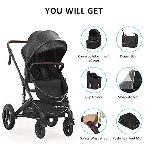 Newborn Infant Toddler Baby Stroller - Strollers with Backrest Adjustable Reversible, 2 in 1 High Landscape Convertible Bassinet Foldable Aluminum Alloy 3D Shock Absorption All Terrain Pram