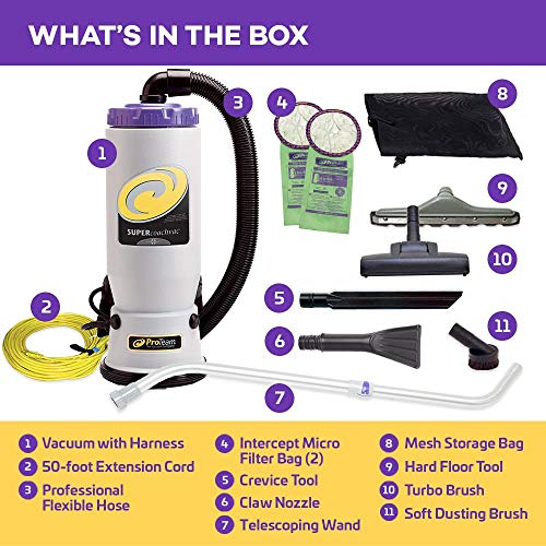 ProTeam Commercial Backpack Vacuum Cleaner, Super QuarterVac Vacuum Backpack with HEPA Media Filtration and Residential Cleaning Service Kit, 6 Quart, Corded