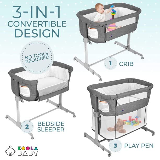 3 in 1 Baby Bassinet, Bedside Sleeper, & Playpen, Easy Folding Portable Crib (Grey)- KoolaBaby