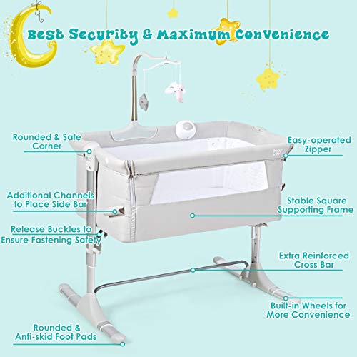 BABY JOY Baby Bedside Bassinet, Height Adjustable Portable Crib w/Music, Toy Rack, Mattress, Straps, Breathable Mesh & Carrying Bag, Easy Folding Kids Bed Side Sleeper for Newborn Infant (Light Grey)