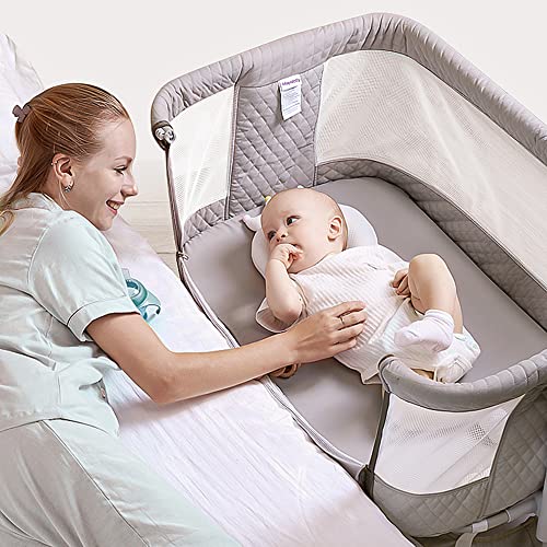 Baby Bassinets Bedside Sleeper, Bedside Crib 3 in 1 Adjustable Travel Baby Bed with Breathable Net and Mattress, Easy Folding Portable Bassinet for Baby (Grey)