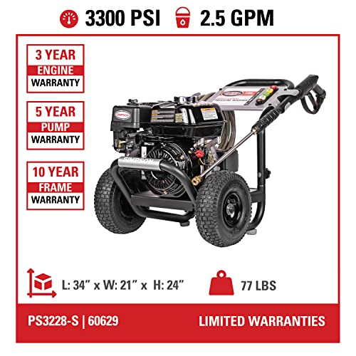 SIMPSON Cleaning PS3228 PowerShot 3300 PSI Gas Pressure Washer, 2.5 GPM, Honda GX200 Engine, Includes Spray Gun and Extension Wand, 5 QC Nozzle Tips, 5/16-inch x 25-foot MorFlex Hose