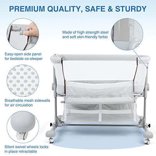 beiens 3-in-1 Baby Bassinet, Baby Crib Bedside Sleeper with Detachable Mosquito Net, 6 Height Adjustable Easy Folding Bassinet Portable Nursery Bed for Infant, Newborn, Baby Boys & Girls
