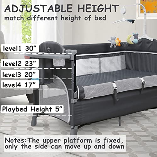 5 in 1 Baby Bassinet Bedside Sleeper Bed Side Crib with Mattress, Toys and Music Box, Diaper Changer, Portable Travel Crib for Girl Boy Infant Newborn, Adjustable Height