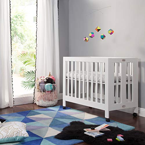 Babyletto Origami Mini Portable Crib Folding with Wheels in White, 2 Adjustable Mattress Positions, Greenguard Gold Certified