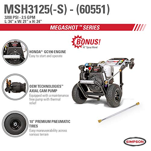 Simpson Cleaning MSH3125 MegaShot Gas Pressure Washer Powered by Honda GC190, 3200 PSI at 2.5 GPM, (49 State) + Simpson Cleaning 80149 Universal 16" Spray Wand for Cold Water Pressure Washers