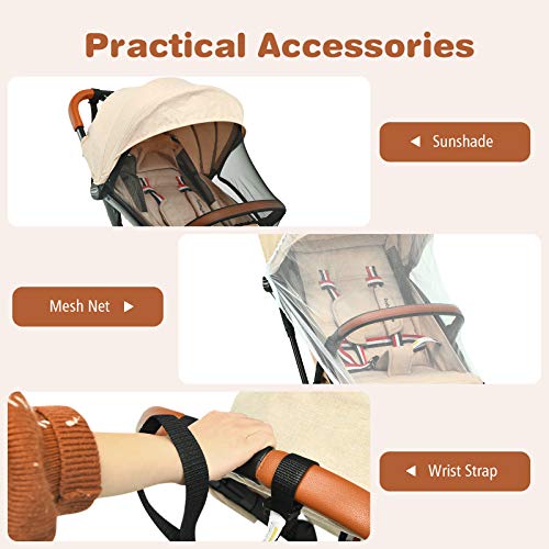BABY JOY Lightweight Baby Stroller, Compact Toddler Travel Stroller for Airplane, Infant Stroller w/ 5-Point Harness, Adjustable Backrest/Footrest/Canopy, Storage Basket, Easy One-Hand Fold, Beige