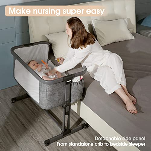 Yamesmile Baby Bassinets Bedside Sleeper Portable Crib Infant Inclined Cosleeper with Mattress Pad and Carry Bag (Grey Frame)