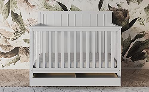 Storkcraft Forrest 5-in-1 Convertible Crib with Drawer (White) – GREENGUARD Gold Certified, Crib with Drawer Combo, Full-Size Nursery Storage Drawer, Converts to Toddler Bed, Daybed and Full-Size Bed