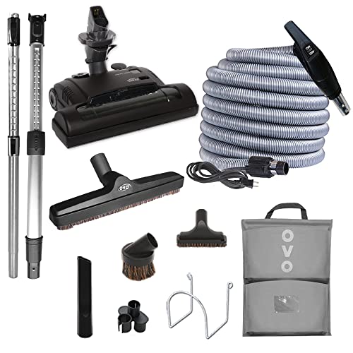 OVO Heavy Duty Powerful Central Vacuum System, Hybrid Filtration (with or Without Disposable Bags) 35L or 9.25Gal, 700 Air watts with 30 ft Carpet Deluxe Accessory Kit, Large Vac, Silver