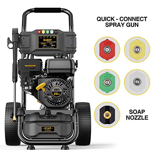 BLUBERY 3500PSI Gas Pressure Washer, 2.6GPM 212CC Power Washer, 50FT Hose&Soap Container, 5 Adjustable Nozzles, Cleaning for Driveway/Concrete/Vinyl Fencing, CARB&EPA CERT…