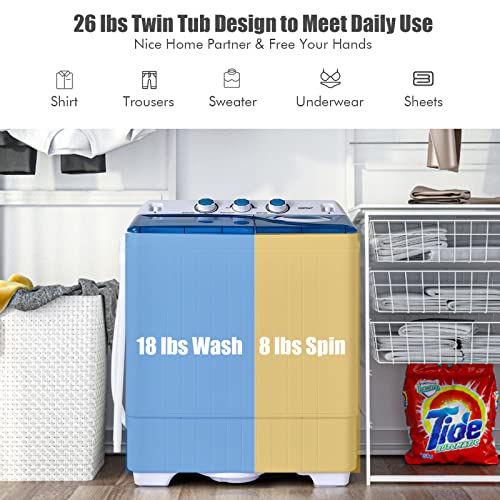 COSTWAY Portable Washing Machine, 2 in 1 Twin Tub 26Lbs Capacity Washer(18Lbs) and Spinner(8Lbs) with Control Knobs, Timer Function, Drain Pump, Compact Laundry washer for Home Apartment RV, Blue