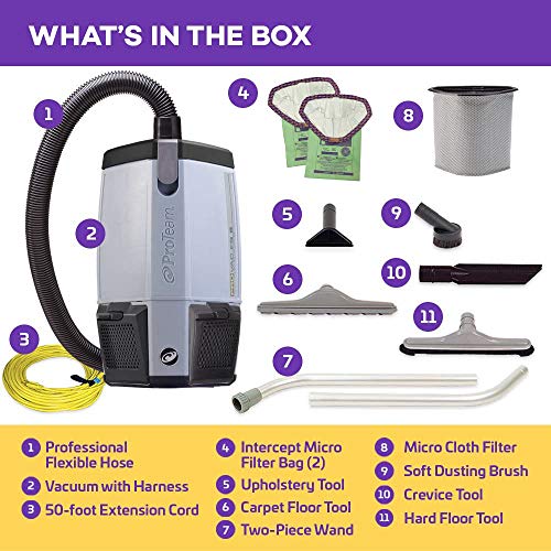 ProTeam Backpack Vacuums, ProVac FS 6 Commercial Backpack Vacuum with HEPA Media Filtration and Restaurant Tool Kit, 6 Quart, Corded