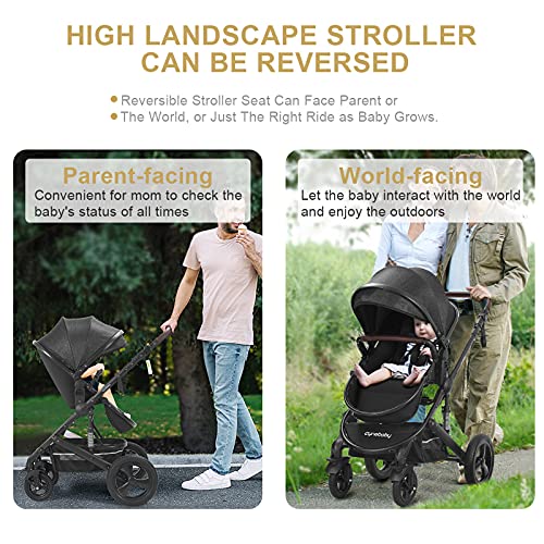 Newborn Infant Toddler Baby Stroller - Strollers with Backrest Adjustable Reversible, 2 in 1 High Landscape Convertible Bassinet Foldable Aluminum Alloy 3D Shock Absorption All Terrain Pram