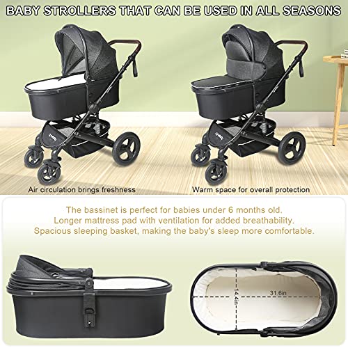 Newborn Infant Toddler Baby Stroller - Strollers with Backrest Adjustable Reversible, 2 in 1 High Landscape Convertible Bassinet Foldable Aluminum Alloy 3D Shock Absorption All Terrain Pram