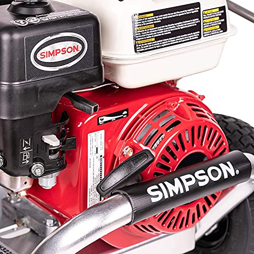 SIMPSON Cleaning Cleaning ALH3228-S Powered 3400 PSI Gas Pressure Washer, 2.5 GPM, HONDA GX200 Engine, Includes Spray Gun and Extension Wand, 5 QC Nozzle Tips, 5/16-inch x 25-foot Monster Hose, Red