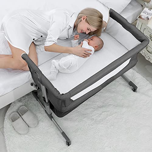 XJD Baby Bassinets Bedside Sleeper Portable Baby Crib for Toddler with Storage Basket Easy Folding Bedside Crib with Breathable Mattress Adjustable Height for Newborn Infant Baby Boy Baby Girl(Grey)