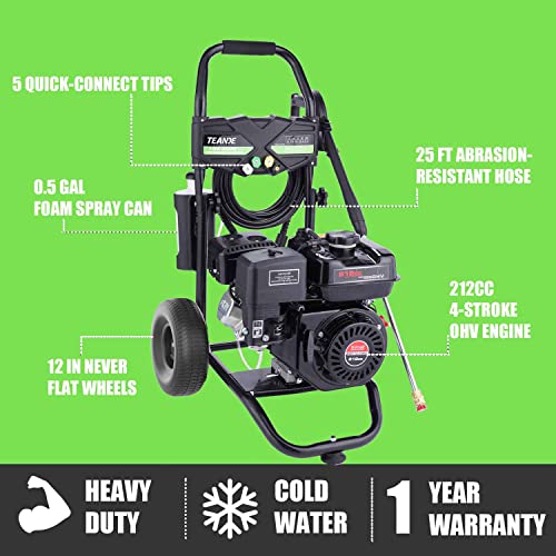 TEANDE Gas Pressure Washer 3200PSI 2.6 GPM Power Washer 7.0HP Commercial Heavy-Duty Washing Machine with 25ft Hose & 5 Nozzles, Black