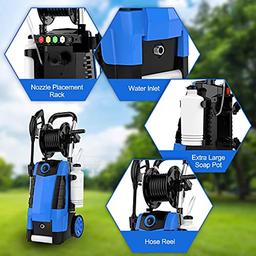 Power Washer, TE3000 1.9GPM Pressure Washer 1800W Electric High Pressure Washer Professional Car Washer Cleaner Machine with Hose Reel ,5 Nozzles for Patio Garden Yard Vehicle