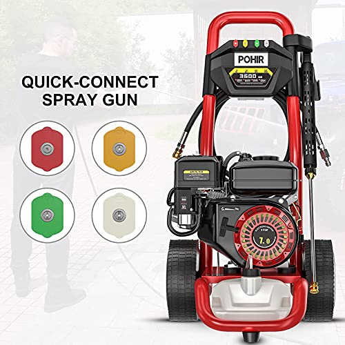 POHIR Gas Pressure Washer, 3.3 GPM Industrial Crankshaft Triplex Brass Pump with Pressure Regulating Valve, Self-Lubricating Corrosion-Resistant Ceramic Plunger, 7HP Power Washer Gas Powered 3600 PSI