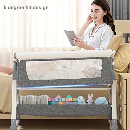 Zdolmy Baby Bedside Bassinet Sleeper, Portable Crib for Baby with Storage Basket and Wheels, Adjustable Height Easy Folding Bed Side Co Sleeper, Grey