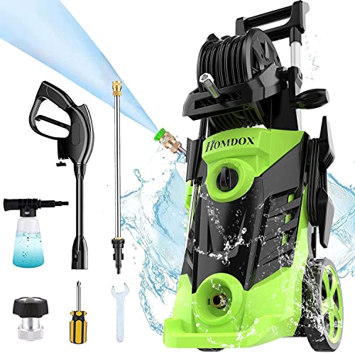 Homdox HX3000 Portable Pressure Washer with Hose Reel, 1800W/1.7 GPM Electric Power Washer, Small Pressure Washer with Detergent Bottle, 4 Nozzles for Outdoor Cleaning, Car/Garden/Patio Wash（Green）