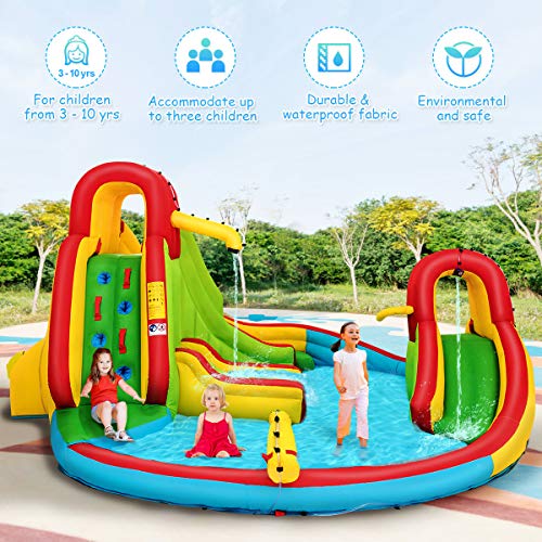 Costzon 7 in 1 Inflatable Water Slide, Backyard Giant Water Park with Double Water Slide, Splash Pool, Climbing Wall, Water Cannon, Outdoor Water Slide for Kids and Adults (Without Blower)