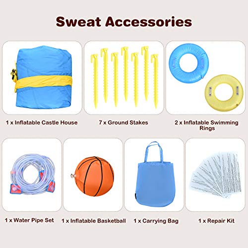 BOUNTECH Inflatable Water Slide, 7 in 1 Double Long Slide Giant Water Park with Climbing Wall, Swimming Pool, Basketball Rim, Water Gun, Water Slides Inflatables for Kids and Adults Outdoor Backyard