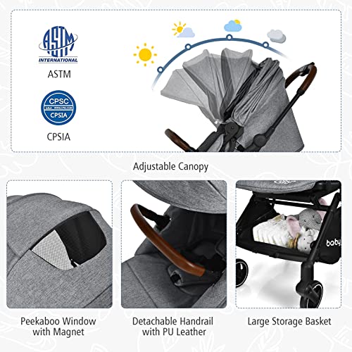 BABY JOY Baby Stroller, Foldable High Landscape Infant Carriage Newborn Pushchair with Reversible Seat, Adjustable Backrest & Canopy, 5-Point Safety Harness, Suspension Wheels & Storage Basket (Gray)