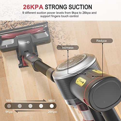 Cordless Vacuum Cleaner, 26Kpa Powerful Suction 40min Runtime Stick Vacuum Cleaner with LED Display, 9 Gears Adjustable Suction Lightweight Handheld Vacuum for Hard Floor S26