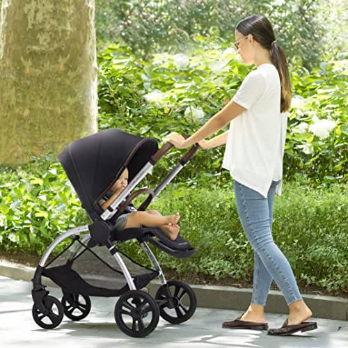Delta Children Revolve Reversible Stroller - Leather Handlebar; One Hand Easy Fold; Lightweight Shock-Absorbing Frame; Reclining Seat and Adjustable Footrest, Black