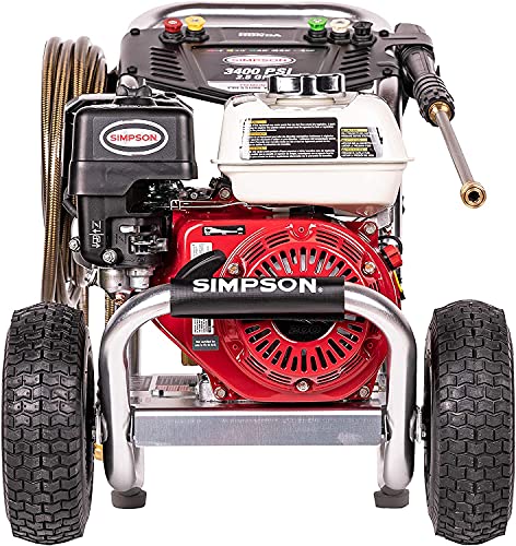SIMPSON Cleaning Cleaning ALH3228-S Powered 3400 PSI Gas Pressure Washer, 2.5 GPM, HONDA GX200 Engine, Includes Spray Gun and Extension Wand, 5 QC Nozzle Tips, 5/16-inch x 25-foot Monster Hose, Red