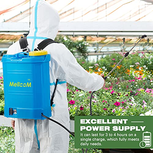MELLCOM 4 Gallon Battery Powered Backpack Sprayer with 3 Different Nozzles, Hoses Included, Wide Mouth Lid, Professional for Lawns, Gardens, Office, Hotel, School