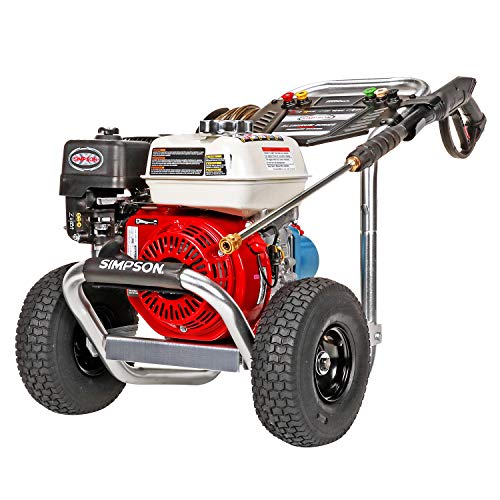 SIMPSON Cleaning Cleaning ALH3228-S Powered 3400 PSI Gas Pressure Washer, 2.5 GPM, HONDA GX200 Engine, Includes Spray Gun and Extension Wand, 5 QC Nozzle Tips, 5/16-inch x 25-foot Monster Hose, Red
