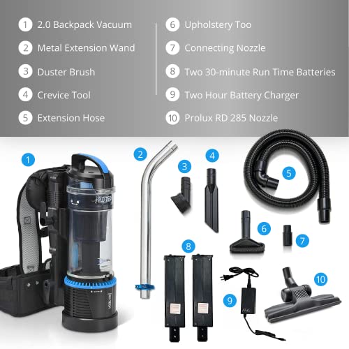 Prolux 2.0 1 Hour Battery Bagless Backpack Vacuum Cleaner w/Dual HEPA Shield Filtration and Tool Accessory Kit