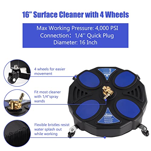16 Inch Pressure Washer Surface Cleaner with 4 Wheels, Power Washer Accessory with 2 Extension Wand, 2 Replacement Nozzles, Pressure Washer Attachment for Cleaning Driveway, Sidewalk, Patio, 4000 PSI