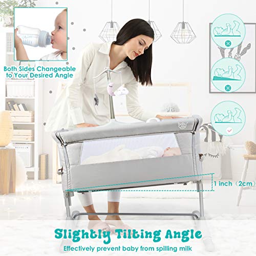 BABY JOY Baby Bedside Bassinet, Height Adjustable Portable Crib w/Music, Toy Rack, Mattress, Straps, Breathable Mesh & Carrying Bag, Easy Folding Kids Bed Side Sleeper for Newborn Infant (Light Grey)