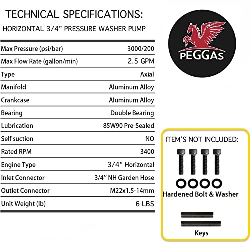 PEGGAS 3/4" Shaft Horizontal Pressure Washer Pump - 3000 PSI @ 2.5 GPM - Better than your OEM Pump and Engineered to work on most gas power washers.