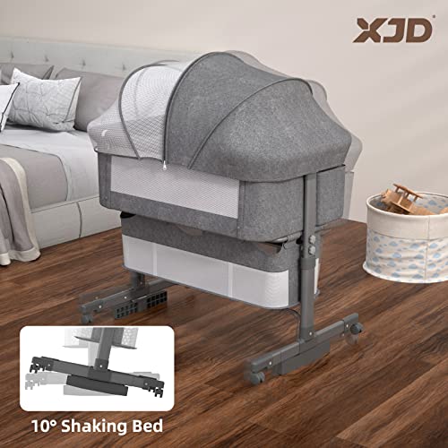 XJD Baby Bassinets Bedside Sleeper Portable Baby Crib for Toddler with Storage Basket Easy Folding Bedside Crib with Breathable Mattress Adjustable Height for Newborn Infant Baby Boy Baby Girl(Grey)