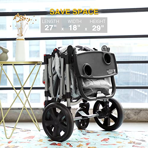 EVER ADVANCED Foldable Wagons for Two Kids & Cargo, Collapsible Folding Stroller with Adjustable Handle Bar,Removable Canopy with 5-Point Harness
