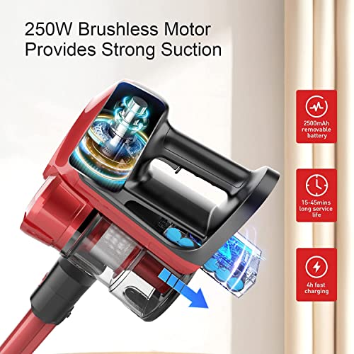 Cordless Stick Vacuum, 25Kpa Powerful Suction Vacuum Cleaner 45min Long Rumtime with 250W Motor Cordless Vacuum for Hard Floor Carpet