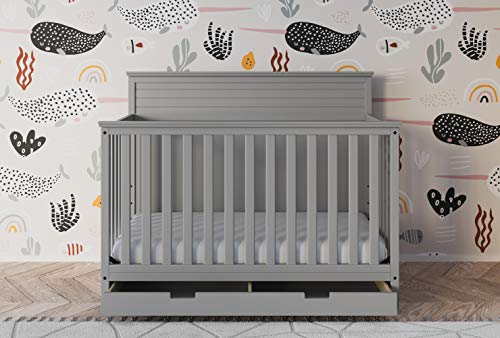 Storkcraft Homestead 5-in-1 Convertible Crib with Drawer (Pebble Gray) – GREENGUARD Gold Certified, Crib with Drawer Combo, Includes Nursery Storage Drawer, Converts to Toddler Bed and Full-Size Bed
