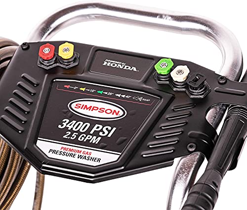SIMPSON Cleaning Cleaning ALH3228-S Powered 3400 PSI Gas Pressure Washer, 2.5 GPM, HONDA GX200 Engine, Includes Spray Gun and Extension Wand, 5 QC Nozzle Tips, 5/16-inch x 25-foot Monster Hose, Red