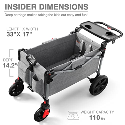 EVER ADVANCED Foldable Wagons for Two Kids & Cargo, Collapsible Folding Stroller with Adjustable Handle Bar,Removable Canopy with 5-Point Harness