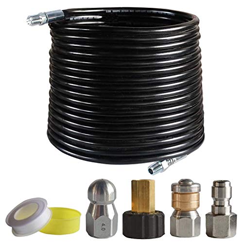 Hourleey Sewer Jetter Kit for Pressure Washer, 1/4 Inch NPT, 100 Ft Drain Cleaning Hose, Orifice 4.0 Button Nose and Rotating Sewer Jetting Nozzle, 4000 PSI