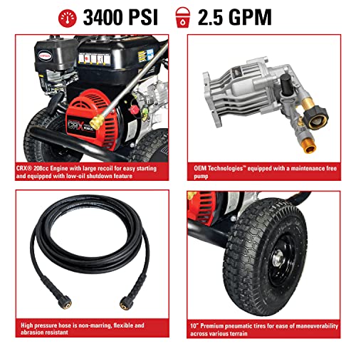 Simpson Cleaning CM61248-S Clean Machine 3400 PSI Gas Pressure Washer, 2.5 GPM, CRX Engine, Includes 15-Inch Surface Cleaner, Spray Gun and Wand, 4 QC Nozzle Tips, 5/16-in. x 25-ft. Hose, Black/Red
